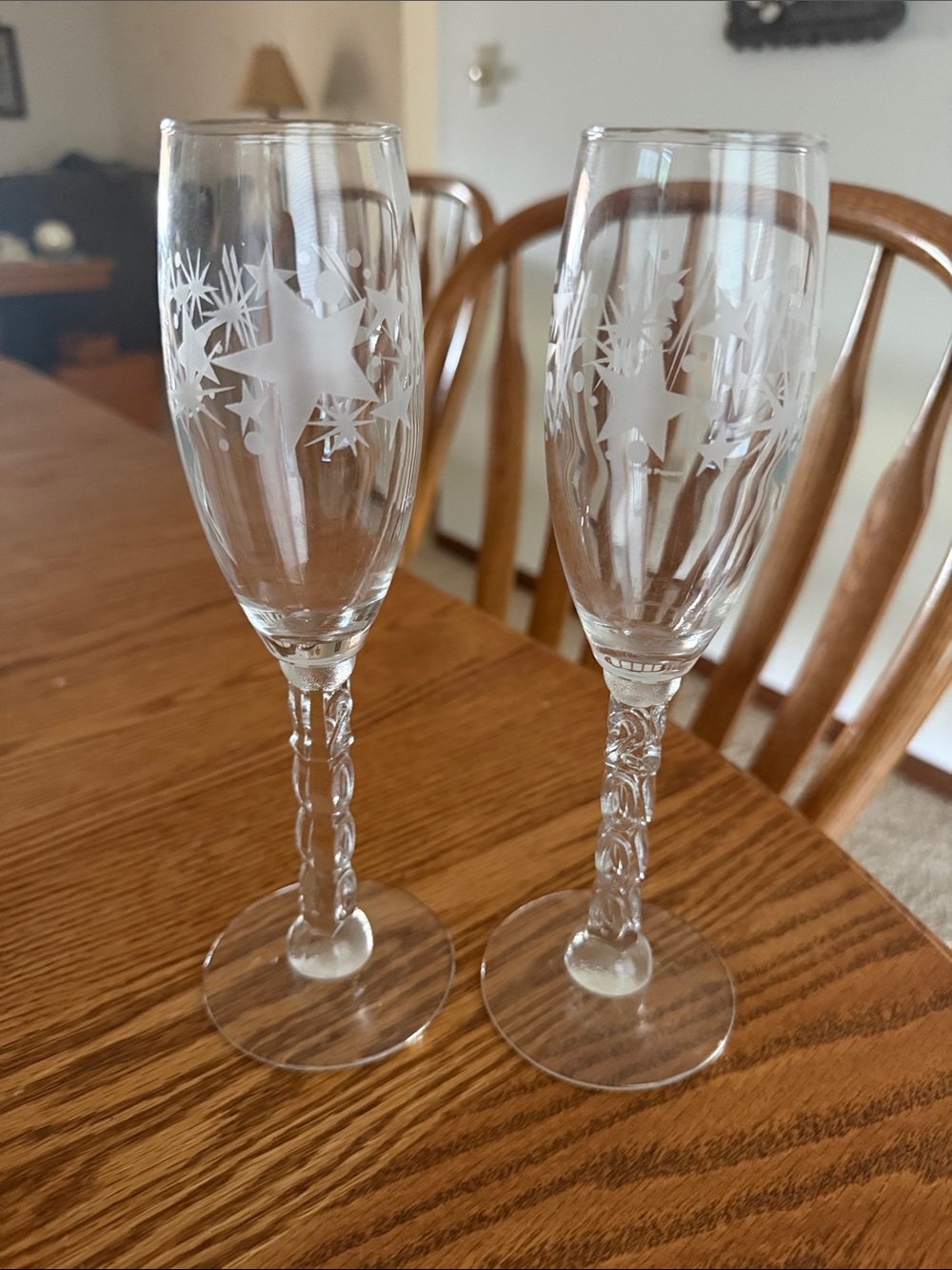 Etched Star Champagne Flutes - Clear Glass (Set of 2)